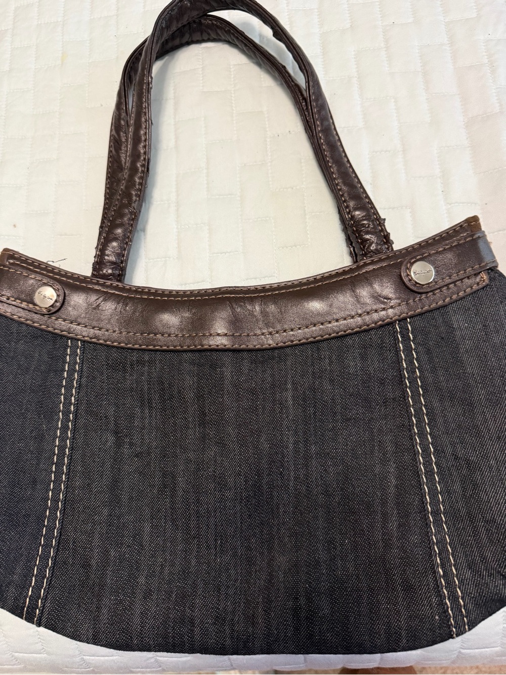 Women's Dark Denim Shoulder Bag with Brown Leather Trim